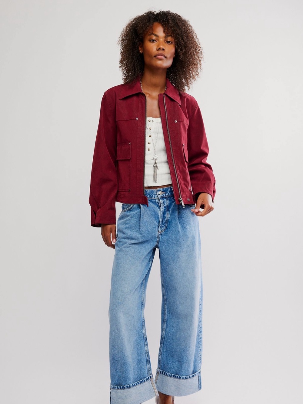 Vegan suede Zip-Front Jacket in Deep Burgundy. We the Free People Blair.